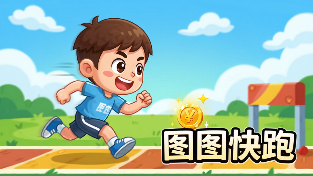 画面主体是一个卡通风格的小男孩角色正在色彩鲜艳的跑道上奋力奔跑,背景是蓝天白云和绿色草地,画面布局采用横向奔跑视角,角色位于画面偏左位置,前方有金币和障碍物,整体排版简洁明快,风格为卡通休闲游戏宣传图,细节包含角色表情开心、动作动感、金币闪光,画质高清,干净,无多余元素,画面中文字写“图图快跑”。