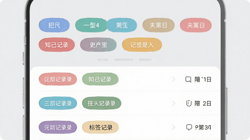 知己记录应用内标签管理界面截图风格示意图,画面中显示多个彩色标签胶囊排列在屏幕上方,下方是带有不同标签的记录条目列表,整体布局清晰,配色柔和,背景为浅灰色,画质干净,无多余装饰