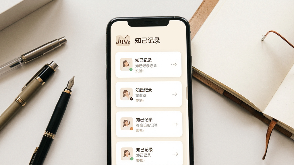 一张展示手机屏幕内知己记录应用主界面的图片,画面中央是简洁的卡片式记录列表,背景为柔和的米白色,顶部有知己记录文字标识,周围散落几支笔和一本翻开的笔记本,整体风格清新温暖,画质干净清晰,无多余装饰元素