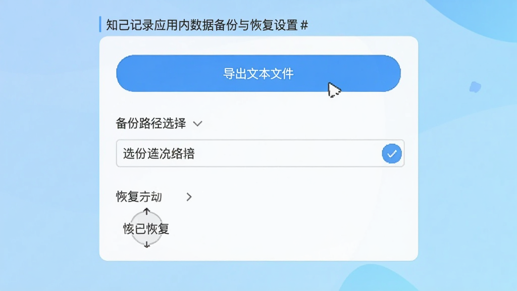 知己记录应用内数据备份与恢复设置界面示意图,画面显示导出文本文件按钮、备份路径选择框以及恢复选项,背景为浅蓝色渐变,界面元素排列整齐,风格简洁明快,画质清晰,无多余文字干扰