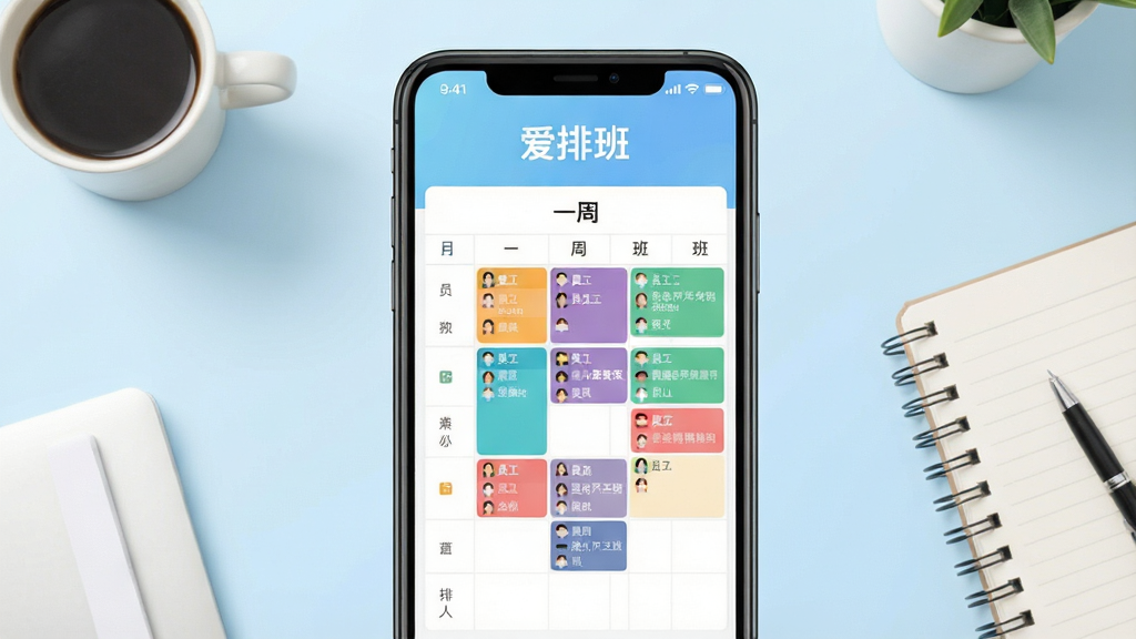 һ��չʾ�����ֻ���Ļ�Ľ����ͼ�����������ǡ����ŰࡱӦ�õ������棬��ʾһ���Ű���񣬱������в�ͬ��ɫ�İ�ο��Ա�������������С����Űࡱ���ֱ�ʶ������Ϊǳ��ɫ���䣬��Χ�м��İ칫����Ԫ���翧�ȱ��ͱʼǱ�����������ˬ�ִ�����ƽ����ƣ������������ɾ����޶���Ԫ��