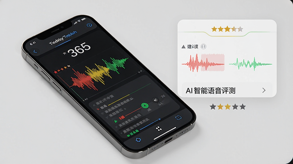 一张展示AI口语Tiddy智能语音评测功能的图片。主体是手机屏幕显示发音评分界面,有红色、黄色、绿色标注的发音波形图。布局为手机斜放,旁边有评分星星和反馈文字框。排版清晰。风格为现代教育科技风。细节包括评分数字、波形对比、建议文字。画质清晰,干净,无多余元素。