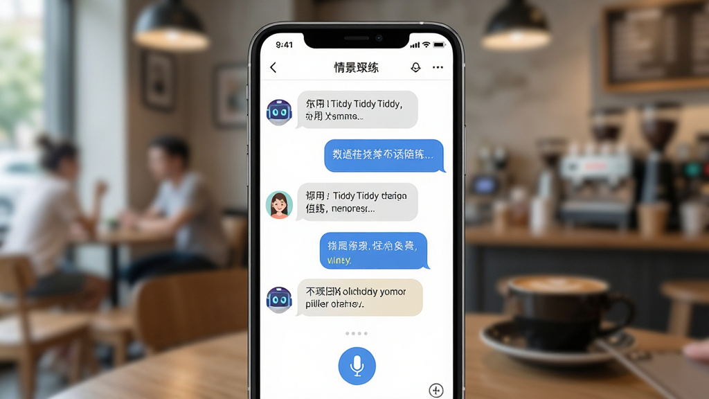 一张展示AI口语Tiddy情景对话陪练功能的图片。主体是手机屏幕显示对话聊天界面,有AI头像和用户头像的对话气泡。布局为手机居中,背景是咖啡馆或办公室场景虚化。排版为对话列表。风格为轻松生活化。细节包括对话文字、麦克风按钮、场景标签。画质清晰,干净,无多余元素。