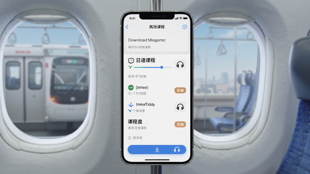 一张展示AI口语Tiddy离线练习模式的图片。主体是手机屏幕显示下载管理界面和离线课程列表。布局为手机居中,背景有地铁或飞机舷窗元素。排版为列表加下载按钮。风格为便捷实用风。细节包括下载进度条、离线标签、耳机图标。画质清晰,干净,无多余元素。