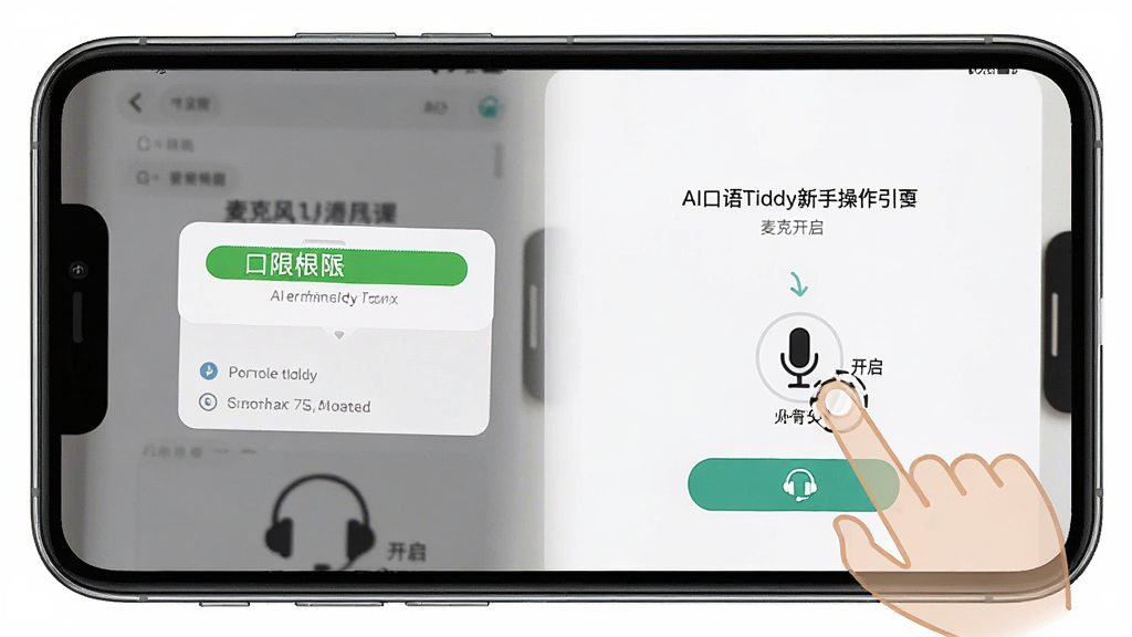 一张展示AI口语Tiddy新手操作界面的图片。主体是手机屏幕显示权限设置和麦克风开启引导页。布局为手机居中,旁边有手指点击麦克风图标的示意。排版为步骤引导。风格为简洁教程风。细节包括权限弹窗、麦克风图标、耳机提示。画质清晰,干净,无多余元素。