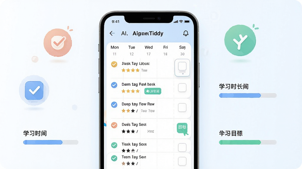 一张展示AI口语Tiddy个性化学习计划功能的图片。主体是手机屏幕显示学习计划日历和任务列表。布局为手机居中,周围有打卡图标和进度条。排版为日程表样式。风格为清新励志风。细节包括每日任务勾选、学习时长统计、目标标签。画质清晰,干净,无多余元素。