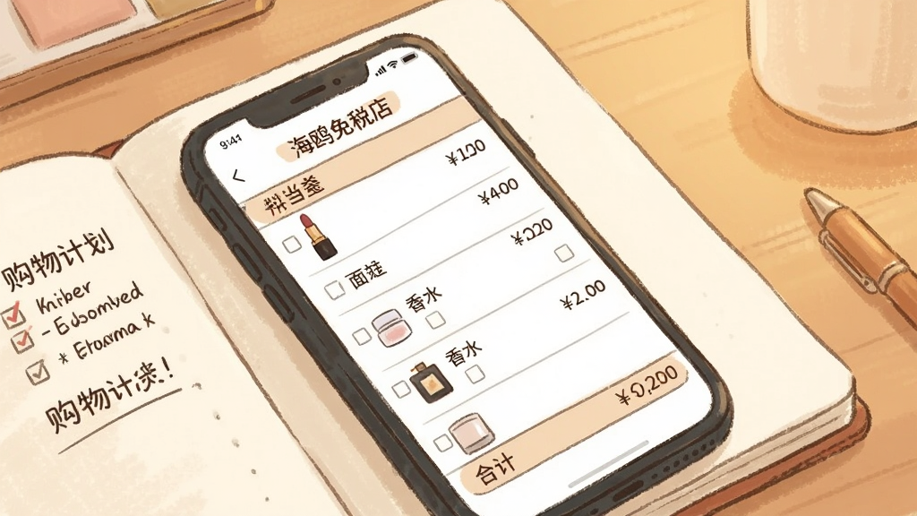 手机屏幕显示“海鸥免税店”的购物清单页面,清单中列有口红、面霜、香水等条目,每条旁边有勾选框和价格,手机放在一本打开的笔记本上,笔记本上写有购物计划,背景是温馨的暖色调桌面,布局采用斜角构图,风格为柔和手绘风,细节包括清单分类标签和合计金额,画质清晰干净,无多余元素