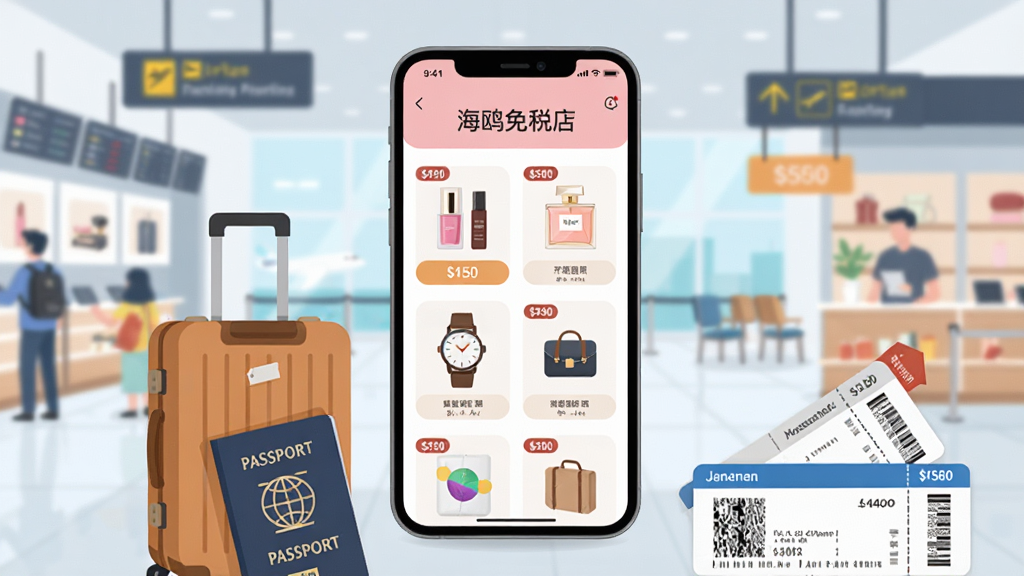 画面中央是一部智能手机,屏幕上显示着“海鸥免税店”应用界面,界面里有化妆品、香水、手表等商品分类图标,手机周围散落着旅行箱、护照、登机牌等旅行元素,背景是明亮的机场免税店场景,整体布局采用居中构图,风格为现代扁平化插画,细节包括商品标签和价格牌,画质清晰干净,无多余元素