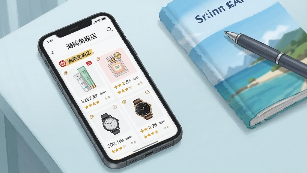 一部手机放在桌面上,屏幕显示“海鸥免税店”的商品列表页,页面中有护肤品、香水、手表等商品缩略图,手机旁边放着一本旅行手册和一支笔,背景是柔和的浅蓝色桌面,布局采用俯视角度,风格为清新写实插画,细节包括商品价格标签和星级评分,画质清晰干净,无多余元素