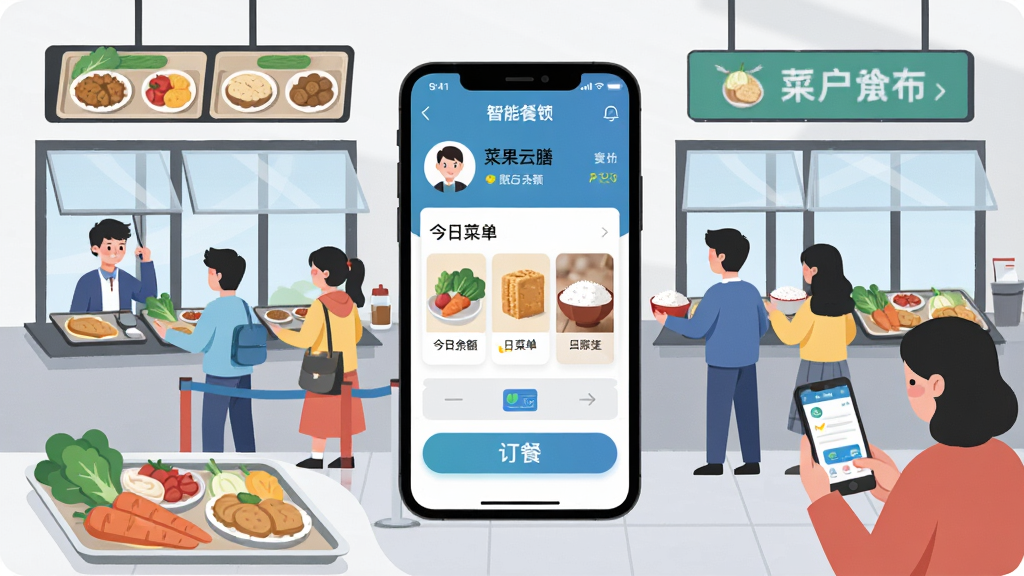 一张展示校园智慧餐饮场景的图片,画面中央是手机屏幕显示菜果云膳应用主界面,界面包含学生头像、账户余额、今日菜单和订餐按钮,周围环绕食堂取餐窗口、学生排队、家长查看手机等元素,布局采用主体突出、四周环绕的排版方式,风格为现代扁平化插画,细节包括餐盘、蔬菜、米饭、支付图标等,画质清晰干净,无多余元素