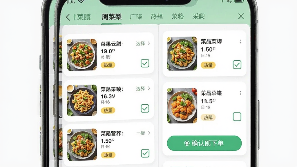 一张菜果云膳在线选餐功能的界面示意图,画面主体为手机屏幕展示一周菜单列表和菜品营养信息卡片,布局采用左右分栏、卡片式排列,风格为清新明快的扁平设计,细节包括菜品缩略图、热量标签、选择勾选框和确认下单按钮,画质清晰干净,无多余元素