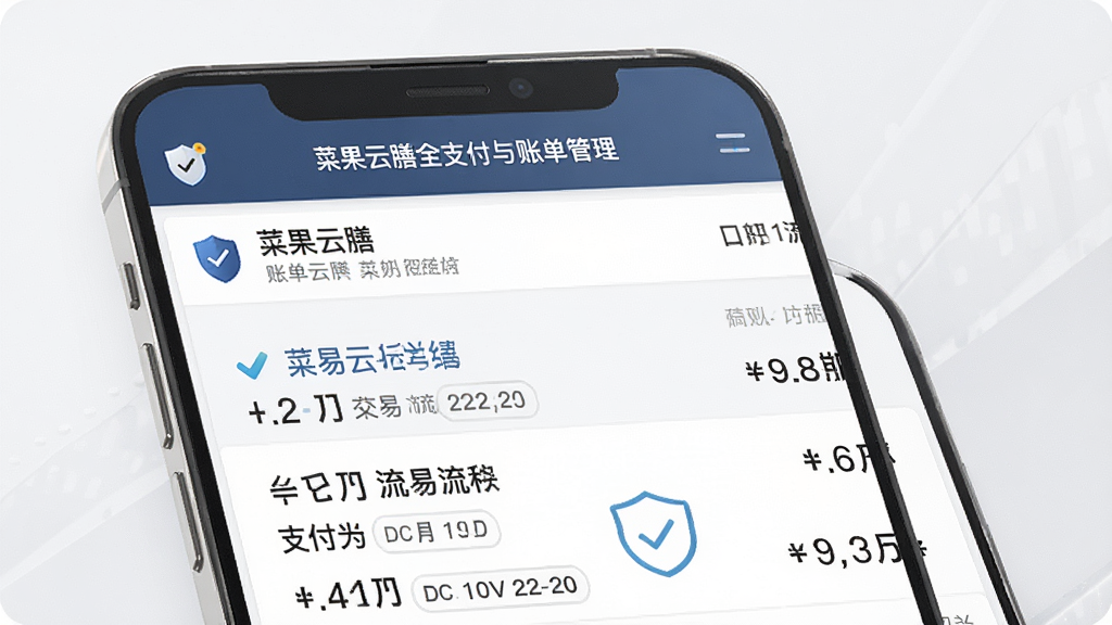 一张菜果云膳安全支付与账单管理功能的界面图,画面主体为手机屏幕显示账单明细和支付安全标识,布局采用上下分区、列表展示,风格为简洁稳重的商务风,细节包括盾牌图标、交易流水条目、金额数字和日期标签,画质清晰干净,无多余元素