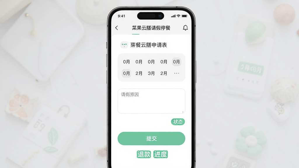 一张展示菜果云膳请假停餐功能的手机界面图,画面主体为手机屏幕显示停餐申请表单和退款进度提示,布局采用上下结构、表单居中,风格为柔和圆角的现代UI风,细节包括日期选择器、请假原因输入框、提交按钮和状态标签,画质清晰干净,无多余元素