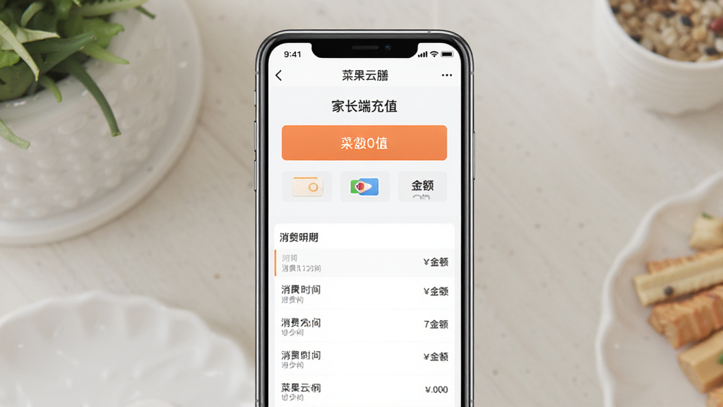 一张以菜果云膳为核心的手机应用界面展示图,画面主体为一部竖向放置的智能手机,屏幕中显示家长端充值页面和消费明细列表,布局采用居中构图、上下分层的方式,风格为简洁写实的UI展示风,细节包括充值金额按钮、支付方式图标、消费时间与金额条目等,画质高清干净,无多余元素