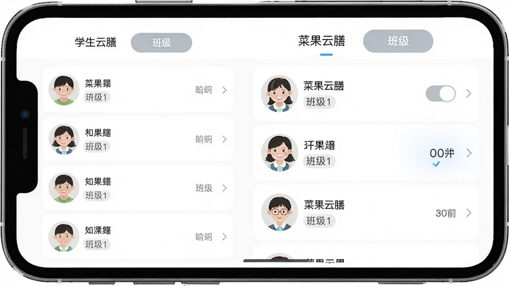 一张菜果云膳多孩子管理功能的界面展示图,画面主体为手机屏幕显示学生列表和切换按钮,布局采用纵向列表、顶部标签切换的方式,风格为简约商务的扁平设计,细节包括学生头像、姓名、班级信息和当前选中状态标识,画质清晰干净,无多余元素