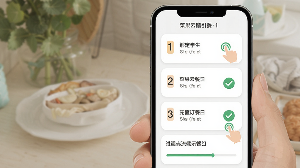 一张菜果云膳移动端操作流程示意图,画面主体为手机屏幕展示从绑定学生到充值订餐的步骤引导页,布局采用分步卡片纵向排列,风格为清新简约的扁平插画,细节包括步骤序号、手指点击图标、勾选完成状态和进度条,画质清晰干净,无多余元素
