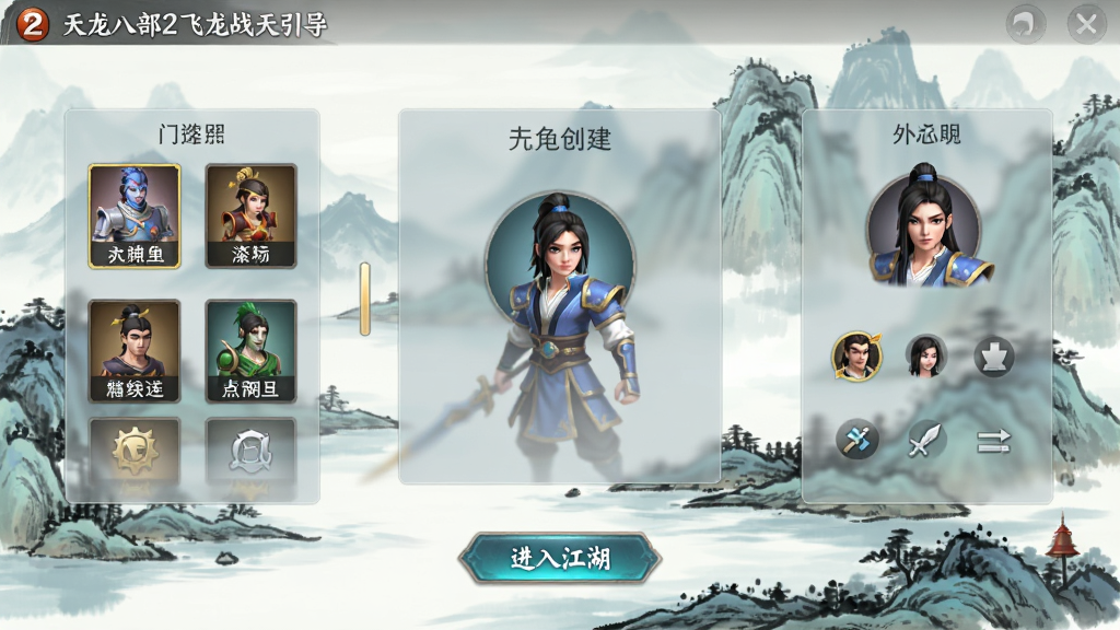 天龙八部2飞龙战天新手引导界面,画面中央为角色创建面板,左右两侧分别展示门派选择与外观自定义选项,底部有“进入江湖”按钮,背景为动态水墨山水,界面采用半透明磨砂质感,图标清晰,整体风格简洁明快,色调清新淡雅,画质高清,干净无多余元素