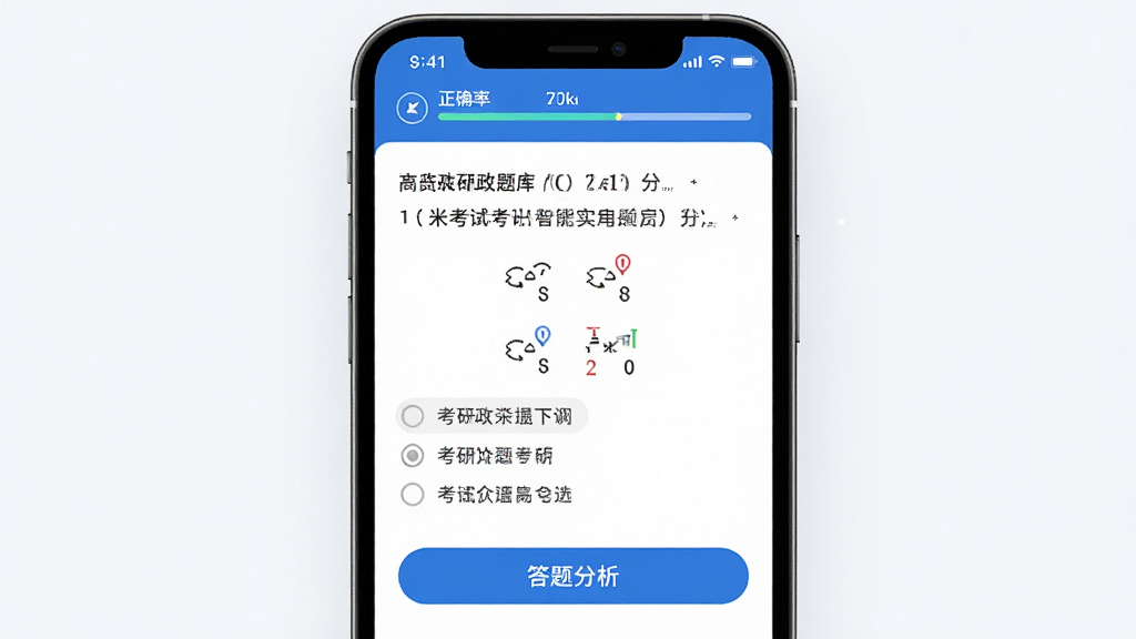米考试考研智能题库界面,手机屏幕显示一道考研政治选择题,选项下方有答题分析按钮,屏幕上方显示正确率进度条,界面以蓝色为主色调,风格简约现代,背景干净无杂物,画质高清