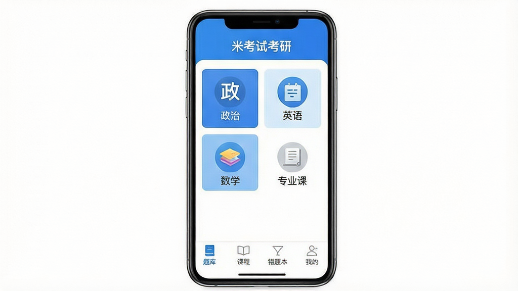一张展示米考试考研APP首页界面的手机屏幕截图,画面中央是一部竖屏智能手机,手机屏幕显示米考试考研APP的主界面,包含政治、英语、数学、专业课等科目入口图标,底部导航栏有题库、课程、错题本、我的四个选项,界面配色以蓝色和白色为主,风格简洁清爽,背景为纯白色,画质清晰干净,无多余元素
