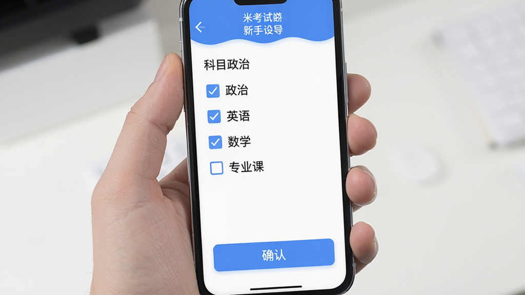 米考试考研新手设置引导界面,手机屏幕显示科目选择页面,有政治、英语、数学、专业课等复选框,底部有确认按钮,界面简洁明了,蓝色和白色配色,背景干净,画质清晰