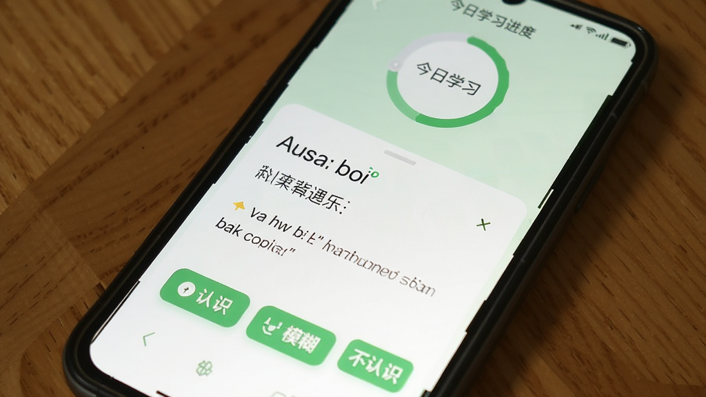 米考试考研背单词功能界面,手机屏幕显示一个英语单词及其释义和例句,下方有认识、模糊、不认识三个按钮,屏幕上方有今日学习进度环,界面风格清新,浅绿色和白色搭配,背景干净,画质清晰