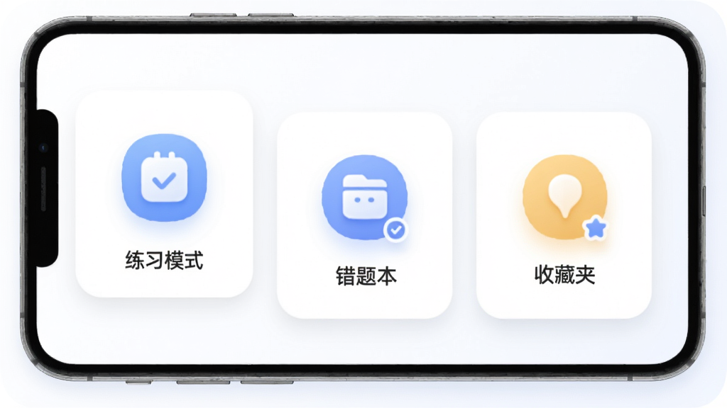 主体是智赢答题的功能模式选择界面,布局为卡片式排列,排版错落有致,风格为柔和圆角设计,细节包括练习模式图标、错题本图标和收藏夹图标,画质细腻,干净,无多余元素