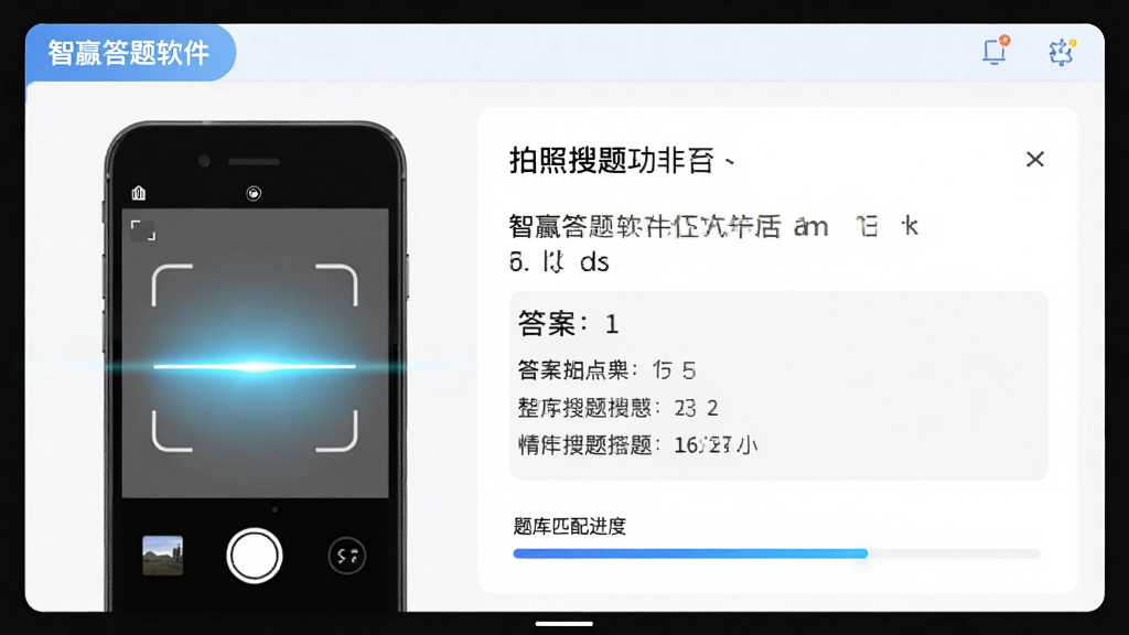 主体是智赢答题软件界面特写,展示拍照搜题功能,布局为左侧手机摄像头取景框,右侧显示识别出的题目文字与答案,排版清晰,风格为扁平化设计,细节包括扫描光线特效和题库匹配进度条,画质高清,干净,无多余元素