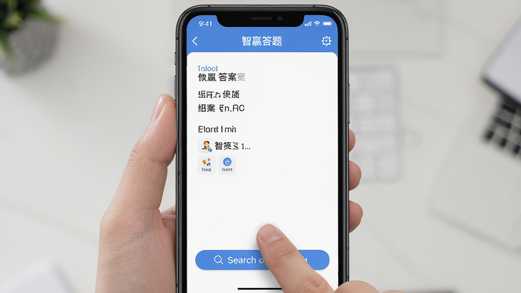 主体是智赢答题在手机上的操作界面截图,布局为竖屏展示,排版清晰,风格为写实风格,细节包括手指点击搜索按钮的动作和屏幕上的答案展示,画质清晰,干净,无多余元素