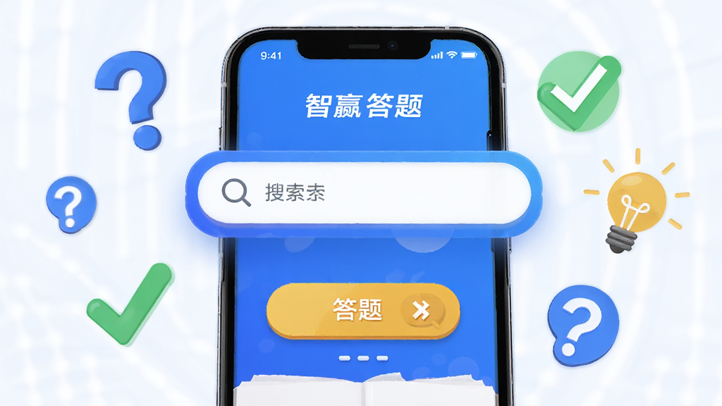 主体是一台智能手机,屏幕上显示智赢答题软件的主界面,界面中央有醒目的搜索框和答题按钮,布局简洁明了,排版采用上下结构,风格为现代科技感,细节上手机周围环绕着问号、对勾、灯泡等知识元素图标,画质清晰,干净,无多余元素