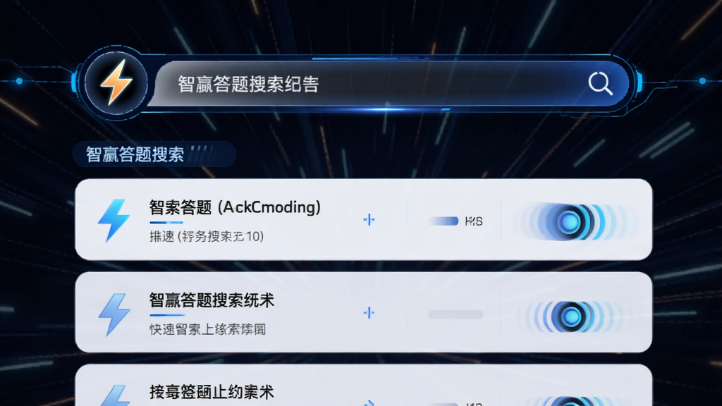 主体是智赢答题搜索结果页面,布局为顶部搜索框加下方答案列表,排版层次分明,风格为速度感科技风,细节包括闪电图标和快速加载动画效果,画质锐利,干净,无多余元素