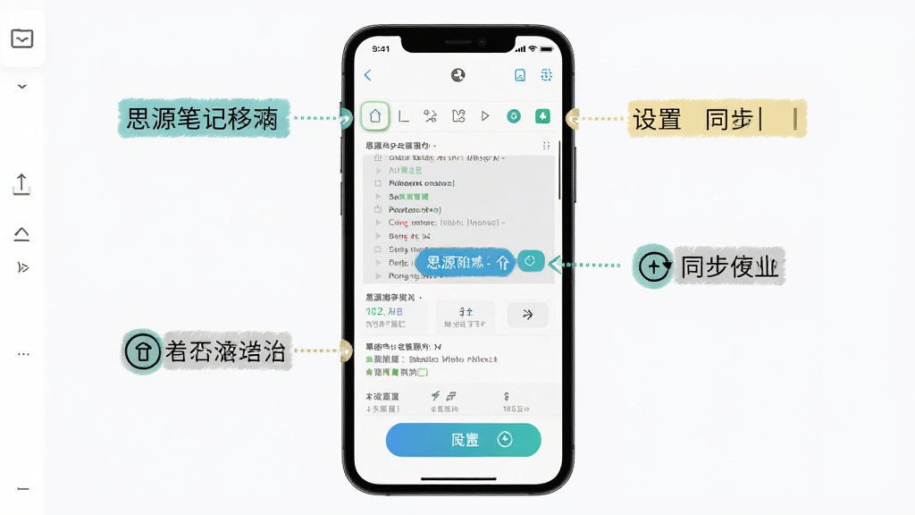 思源笔记移动端使用指南示意图,主体为手机屏幕展示软件操作界面,布局为竖向构图,排版清晰,风格为教程图解风,细节包括高亮标注的工具栏、设置入口、同步按钮,画质高清,画面干净,无多余元素