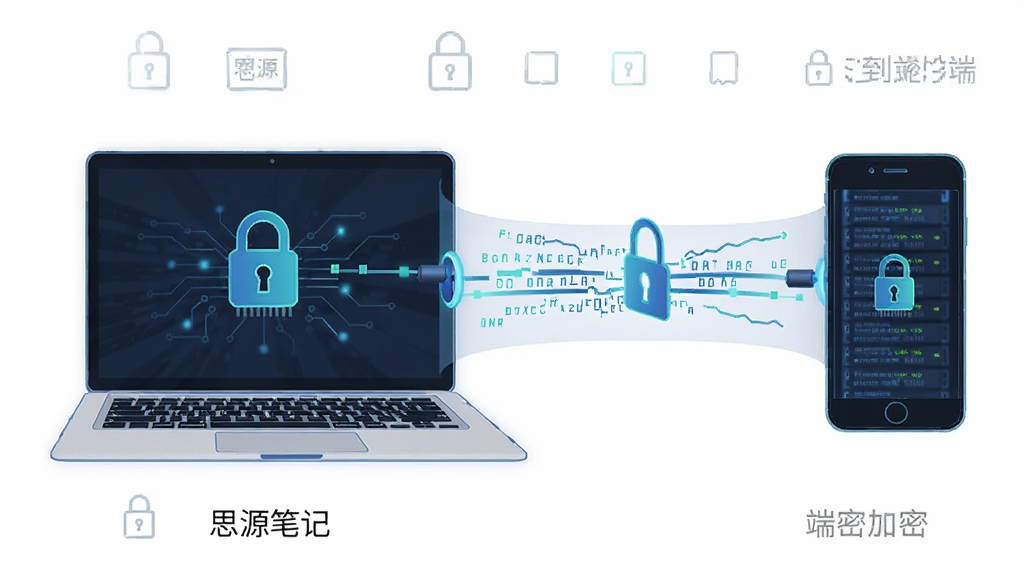 思源笔记本地优先与端到端加密概念图,主体为笔记本电脑与手机通过加密隧道连接的示意图,布局为居中对称,排版简洁,风格为信息安全科技风,细节包括锁形图标、加密数据流线条、设备轮廓,画质高清,画面干净,无多余元素