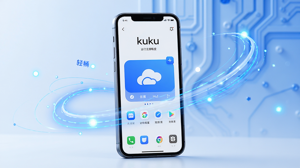 kuku卖软件运行流畅度展示图,画面中一部手机显示应用界面,周围有象征轻量、流畅的抽象线条和光点,背景干净,整体风格科技感与简洁感结合,蓝白配色,画质清晰。