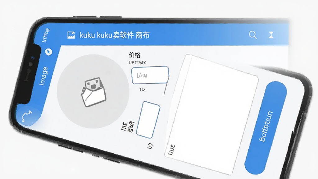 kuku卖软件商品发布页面手机截图,画面中一部手机显示发布表单,包含图片上传区域、价格输入框、描述文本框和发布按钮,界面干净整洁,蓝白配色,扁平风格,画质清晰。
