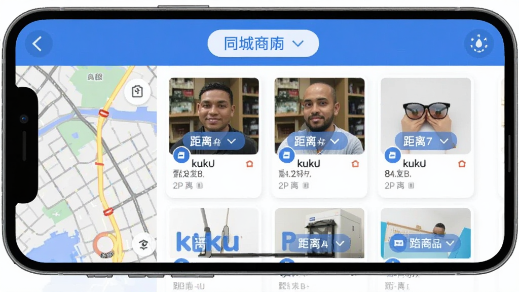 kuku卖软件同城附近商品列表手机截图,屏幕显示地图与商品卡片结合的界面,卡片上标注距离信息,顶部有同城筛选按钮,整体风格简洁,蓝白配色,扁平设计,画质清晰。