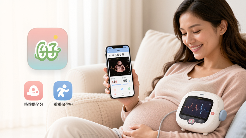 画面中央是一位面带微笑的孕妇坐在舒适的沙发上,手持智能手机,手机屏幕显示“乖乖葆孕妇”应用界面和胎心波形图,旁边放着乖乖葆胎心监护仪。布局采用三分法构图,孕妇位于右侧,左侧留白处悬浮展示应用图标和核心功能图标。整体风格温馨柔和,色调以浅粉、米白和淡蓝为主。细节上突出孕妇幸福的表情、手机屏幕的清晰数据以及监护仪圆润的造型。画质高清,画面干净,无多余元素。