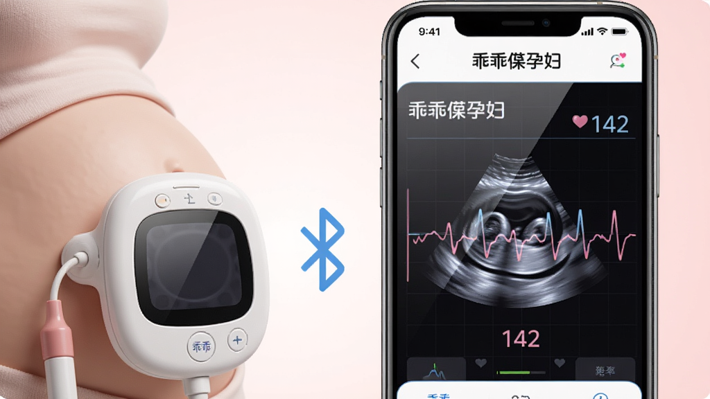 画面中央是一部智能手机,屏幕显示“乖乖葆孕妇”应用内实时胎心监护界面,有跳动的胎心波形和心率数字“142”。手机左侧放置一个白色的乖乖葆胎心监护仪,探头贴在孕妇腹部模型上。布局采用居中对称,手机与监护仪之间用淡蓝色蓝牙符号连接。风格科技感与温馨感结合,背景为浅粉色渐变。细节上突出屏幕的光泽感和监护仪的细腻质感。画质清晰,画面干净,无多余元素。
