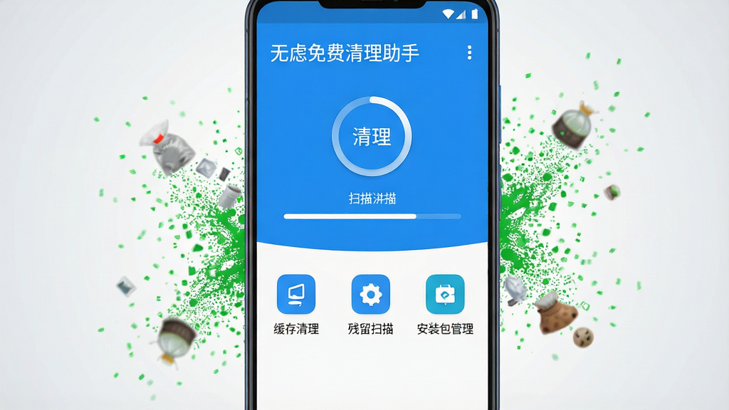 一张展示安卓手机屏幕的图片,屏幕中央显示“无虑免费清理助手”应用主界面,界面以蓝白配色为主,上方有圆形清理按钮和扫描进度条,下方排列着缓存清理、残留扫描、安装包管理等功能图标,手机周围环绕着代表垃圾被清除的绿色粒子效果,背景为干净的浅灰色渐变,整体风格清爽简洁,画质清晰,无多余元素