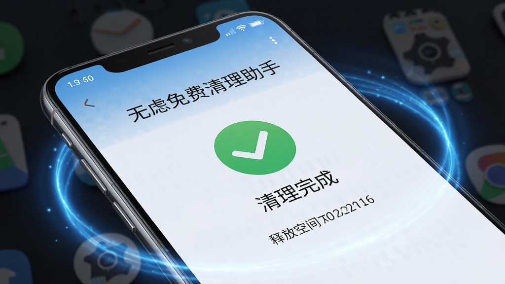 一部安卓手机特写镜头,手机屏幕显示“无虑免费清理助手”的清理完成界面,屏幕中央有一个绿色勾号图标和“清理完成”文字,下方显示释放空间大小,手机背景为深色桌面,周围有代表手机流畅运行的蓝色光效环绕,画面风格为写实产品渲染图,细节丰富,画质干净清晰
