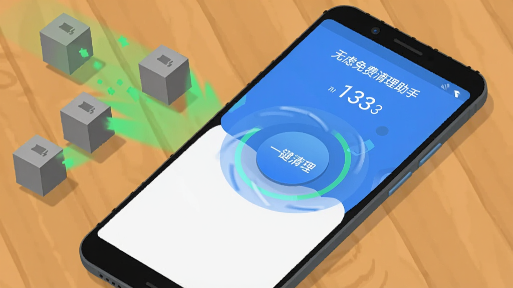 一部安卓手机放在木质桌面上,手机屏幕显示“无虑免费清理助手”的深度清理界面,屏幕上有一个醒目的圆形按钮写着“一键清理”,周围有旋转的扫描动画和数字跳动显示已扫描文件数量,手机旁边散落着几个代表垃圾文件的灰色小方块正在被绿色光束消除,画面风格为科技感扁平插画,色彩明快,画质干净清晰
