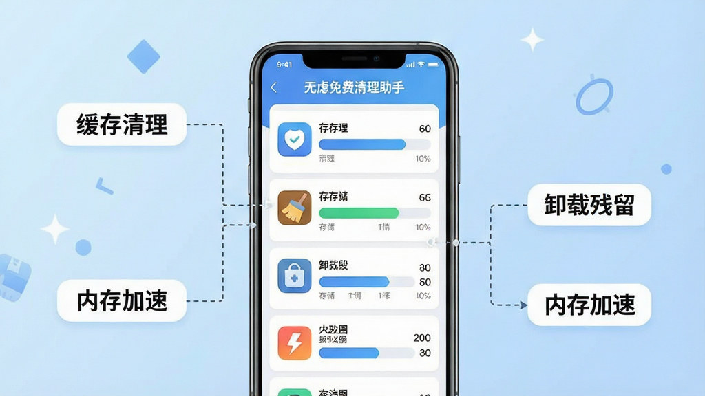 一张信息图表风格的插画,画面中央是一部智能手机,手机屏幕显示“无虑免费清理助手”的应用管理界面,屏幕上列出多个应用图标和对应的存储占用条形图,手机两侧分别延伸出“缓存清理”“卸载残留”“内存加速”三个功能标签,用虚线连接至手机,背景为浅蓝色渐变,风格为现代扁平化设计,细节清晰,画质干净