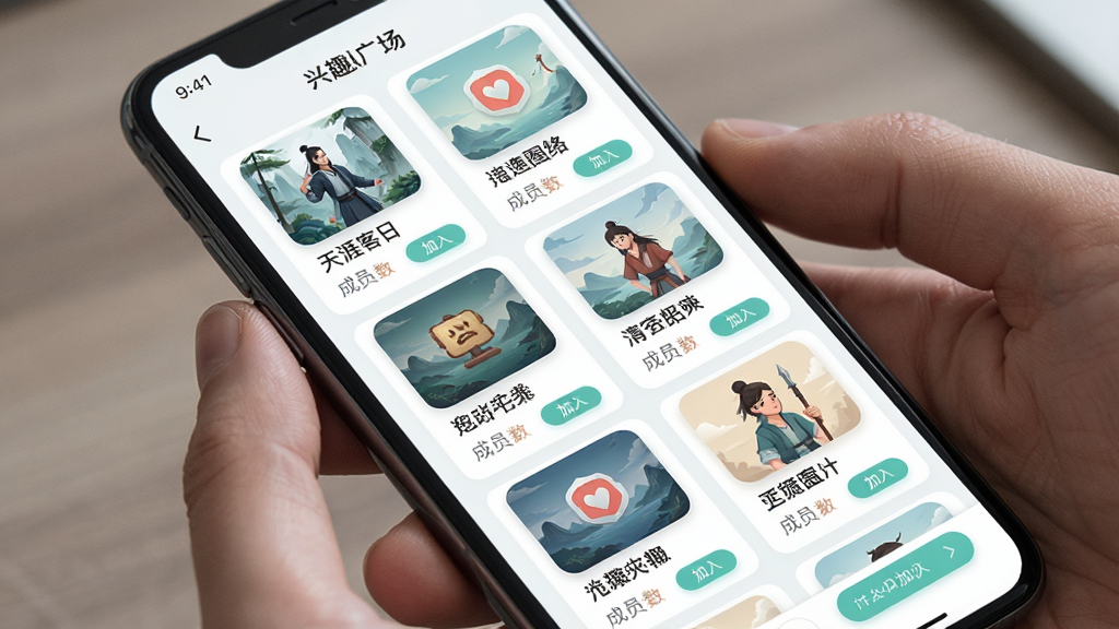 一张展示天涯客APP兴趣圈子分类界面的图片,主体为手机屏幕中的圈子广场页面,布局采用网格卡片式排列,每个卡片代表一个兴趣圈子并配有图标和名称,排版整齐,风格为清新浅色系UI,细节上突出圈子封面、成员数和加入按钮,画质清晰,画面干净,无多余元素