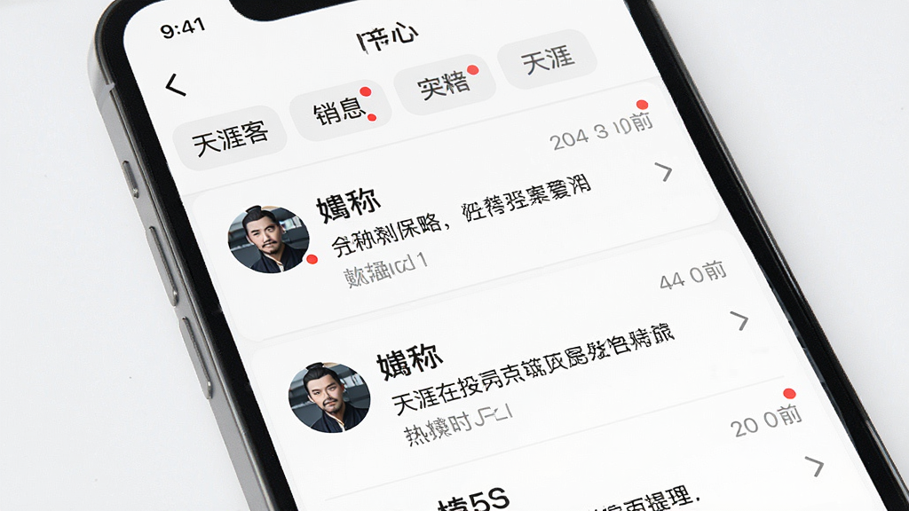一张展示天涯客APP实时消息提醒界面的图片,主体为手机屏幕中的消息中心页面,布局为纵向列表,每条消息带有头像、昵称和内容摘要,顶部有分类标签,风格为简约商务风UI,细节上突出未读红点、时间戳和跳转箭头,画质清晰,画面干净,无多余元素