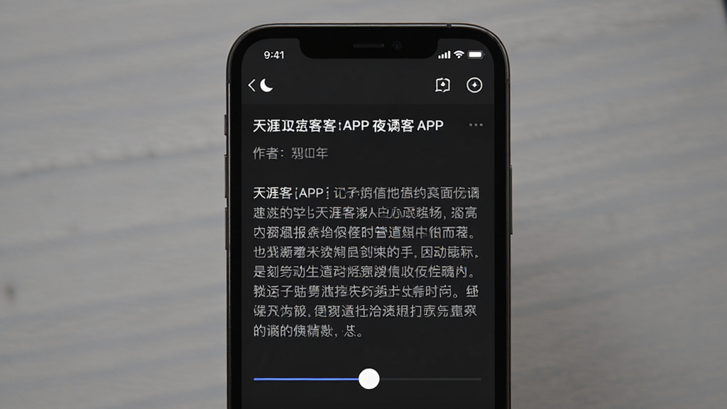 一张展示天涯客APP夜间模式阅读界面的图片,主体为手机屏幕中深色背景的帖子详情页,布局为上下结构,上方是标题和作者信息,下方是正文段落,风格为暗色系UI,细节上呈现柔和的文字对比度、夜间模式图标和字体调节滑块,画质高清,画面干净,无多余元素
