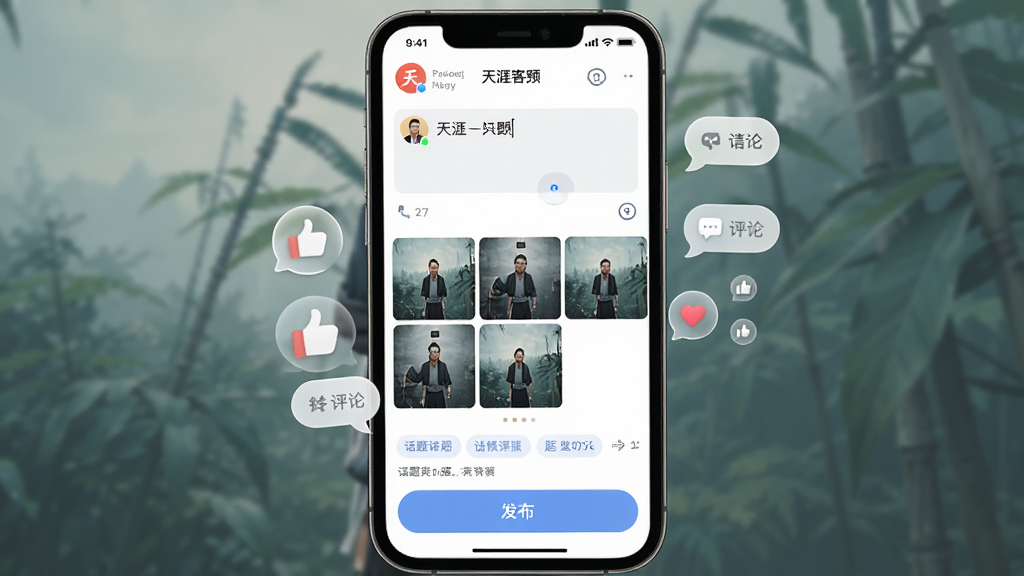 一张展示天涯客APP图文发帖与互动功能的图片,主体为手机屏幕中的发帖编辑页面,上方是文字输入区,中部是已上传的图片缩略图,下方有话题标签和发布按钮,屏幕旁边漂浮点赞和评论气泡,布局清晰,风格为柔和圆角UI,细节上呈现编辑框、图片预览和互动图标,画质高清,画面干净,无多余元素