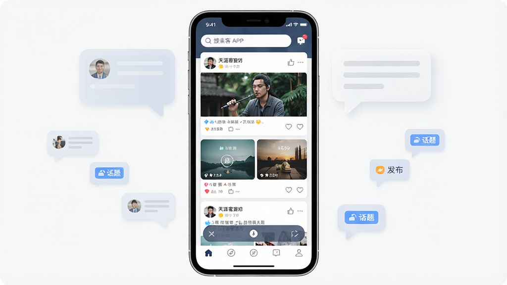 一张展示天涯客APP核心全貌的场景图,画面中央是一部竖向摆放的智能手机,手机屏幕中显示天涯客APP的社区首页,顶部有搜索栏和消息图标,中部是图文并茂的帖子信息流,底部为发布按钮和导航栏,手机周围环绕几个半透明的对话气泡和话题标签图标,整体布局简洁清晰,风格为现代扁平化UI展示风,细节上呈现帖子卡片、头像、点赞按钮等元素,画质高清,画面干净,无多余元素