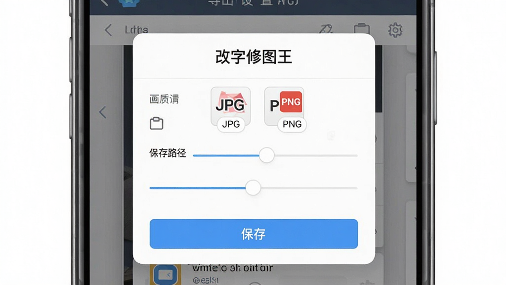 一张展示“改字修图王”导出设置界面的截图,主体为手机屏幕,布局为弹窗形式,排版展示格式选择、画质调节、保存路径等选项,风格为简约商务风,细节包含JPG和PNG图标、质量滑块、保存按钮,画质高清,干净,无多余元素