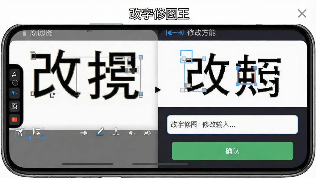 一张展示“改字修图王”智能改字功能的界面截图,主体为手机屏幕,布局左右分栏,左侧显示原图文字,右侧显示修改后的文字,排版突出对比效果,风格为简洁扁平化设计,细节包含选框工具、文字输入框、确认按钮,画质高清,干净,无多余元素