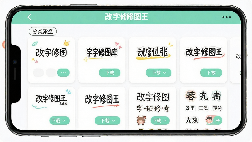 一张展示“改字修图王”字体素材库的界面截图,主体为手机屏幕,布局为网格排列,排版展示多种字体样式和贴纸素材,风格为清新活泼的UI设计,细节包含字体预览、分类标签、下载按钮,画质高清,干净,无多余元素
