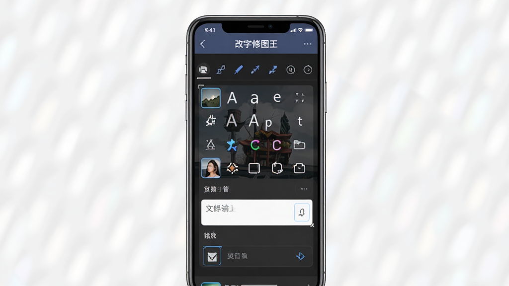 一张手机屏幕展示“改字修图王”软件界面的预览图,主体为手机竖向摆放,布局居中,排版清晰展示软件主功能按钮,风格为现代科技感UI设计,细节包含图片编辑工具栏、字体选择面板、文字输入框,画质高清,干净,无多余元素